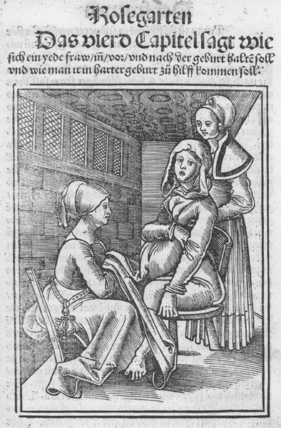 Chapter 4 illustration to Eucharius Rößlin's 1515 book about childbirth, Der Swangern frawen vnd hebamme(n) roszgarte(n)